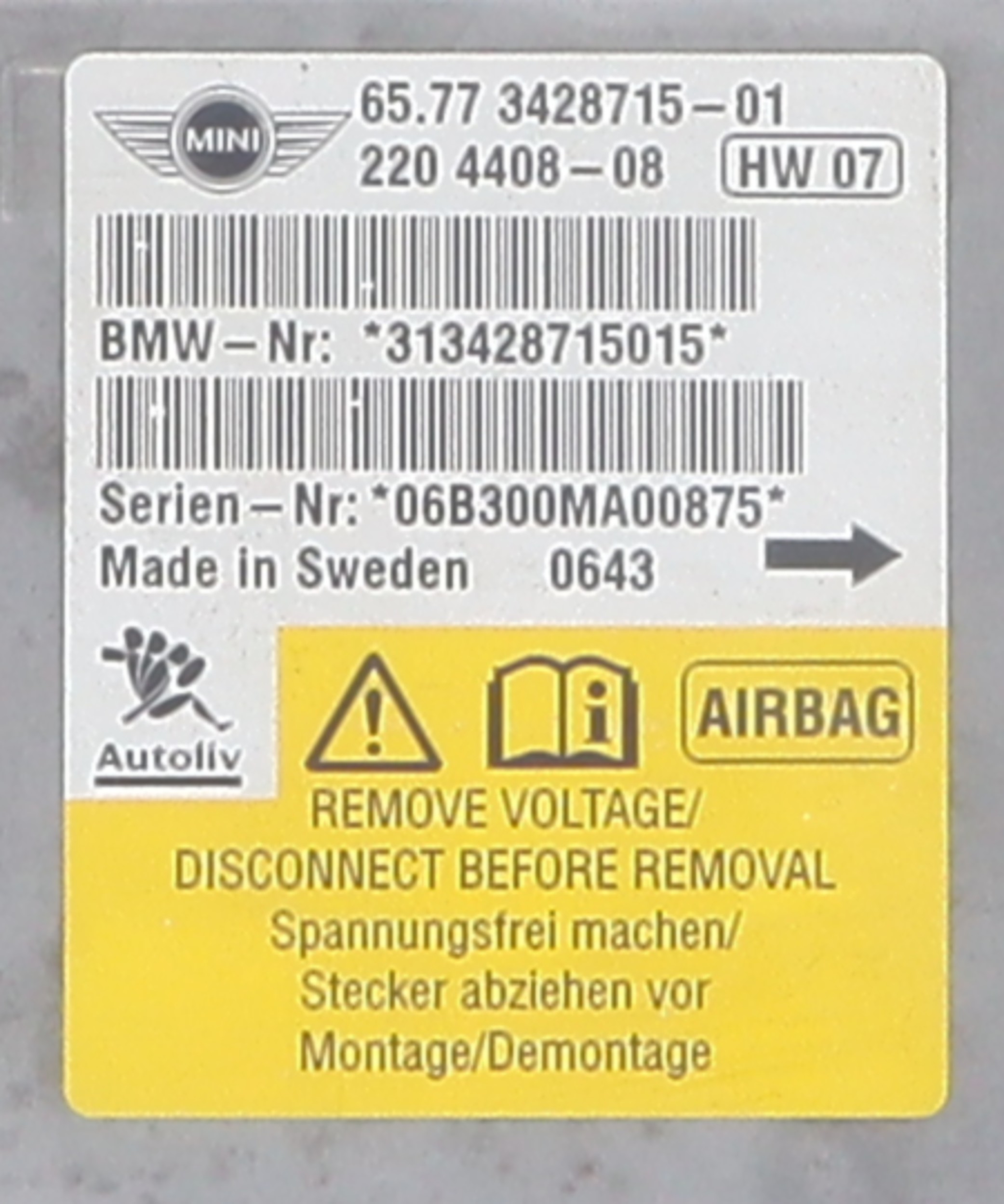 Boitier air bag pour MINI MINI 2 R56 PHASE 1 Boitier air bag pour MINI MINI 2 R56 PHASE 1