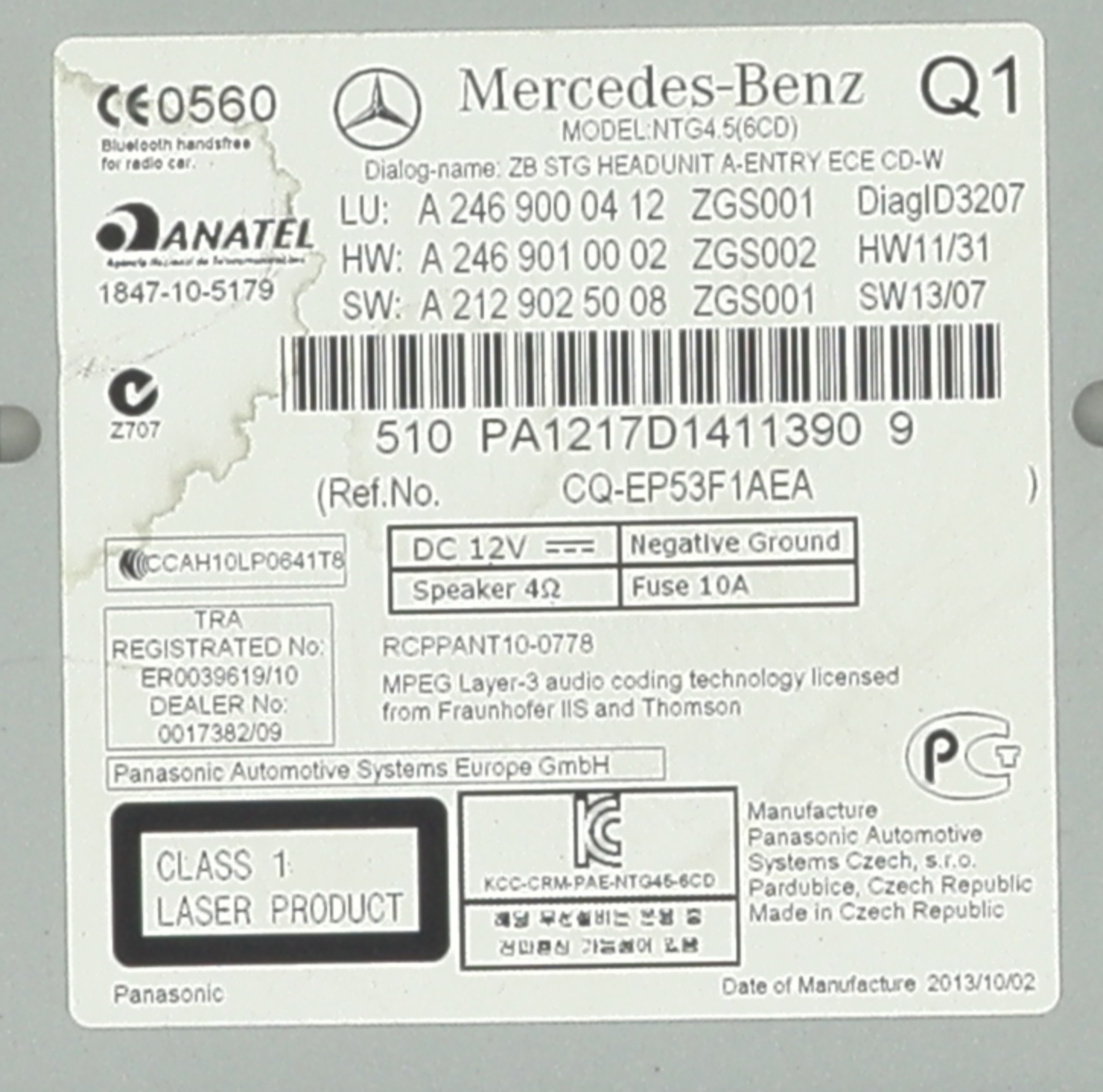 Autoradio d'origine pour MERCEDES CLASSE A 176 PHASE 1 Autoradio d'origine pour MERCEDES CLASSE A 176 PHASE 1