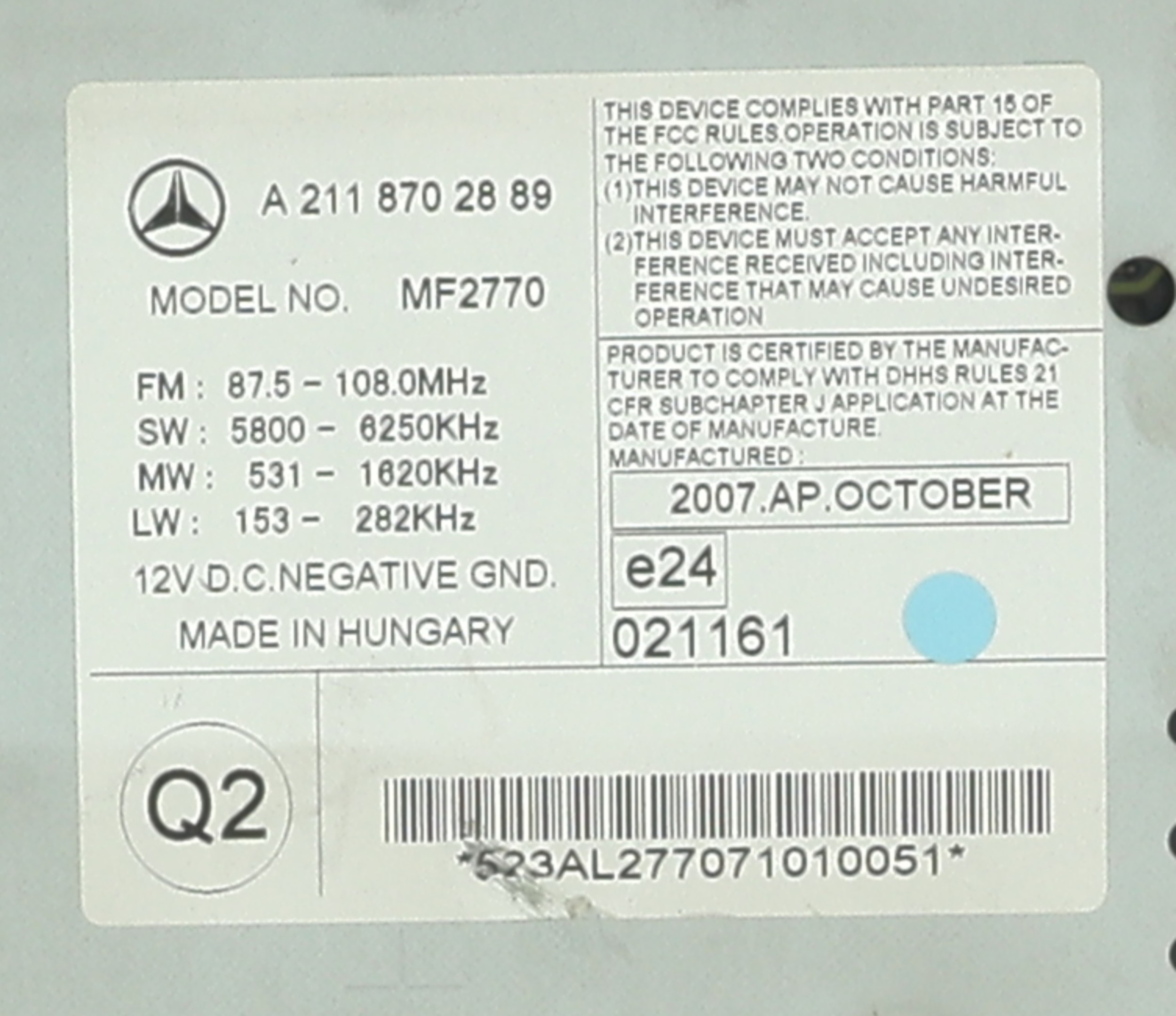 Autoradio d'origine pour MERCEDES CLASSE E 211 PHASE 2 BREAK Autoradio d'origine pour MERCEDES CLASSE E 211 PHASE 2 BREAK